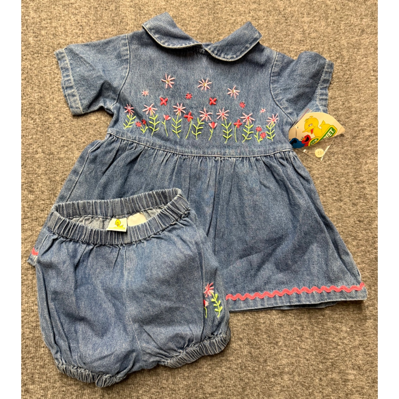 Vintage Sesame Street Baby Girls Denim Floral Embroidered Dress & Bloomers 3/6m